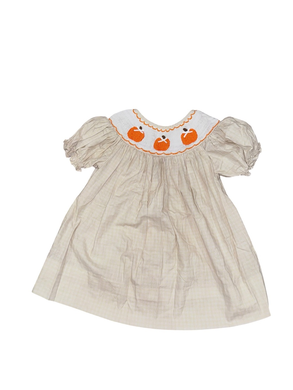 Smocked Cream Kids Dress with Orange Pumpkin Motif